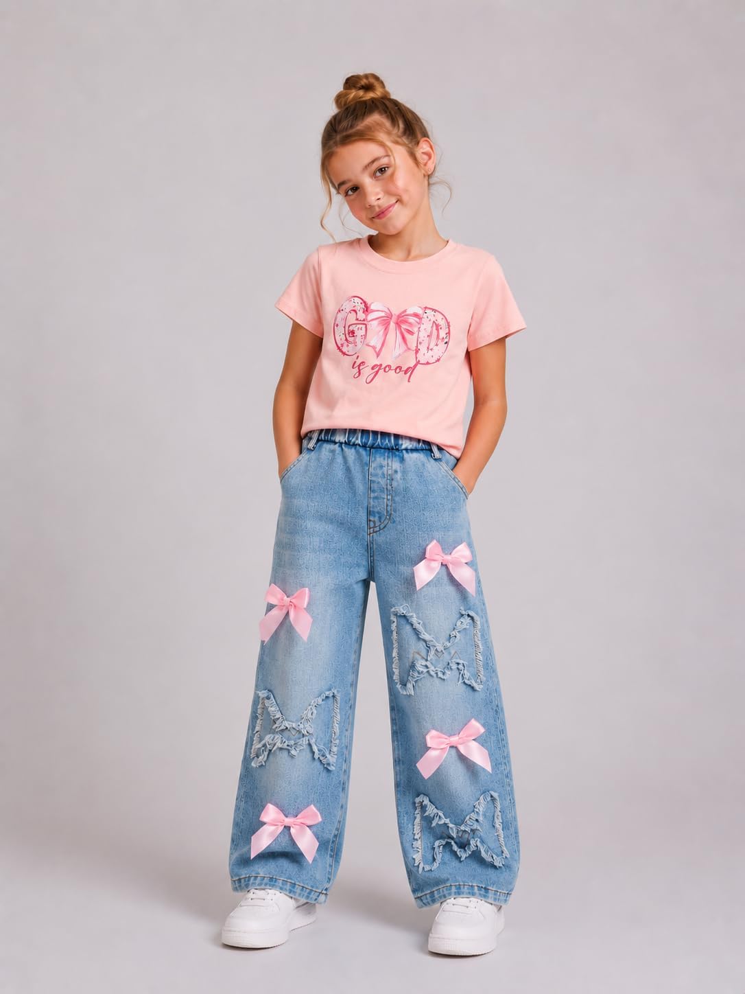 Cakaner Toddler Girls Clothes 2 Piece Cute Shirt and Wide Leg Jeans Kids Clothing Set Size 4-8