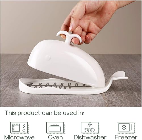 Miniatura 4 de DOWAN Mantequillera de porcelana con línea de medición de corte, plato grande de mantequilla de ballena con cubierta de diseño antideslizante,