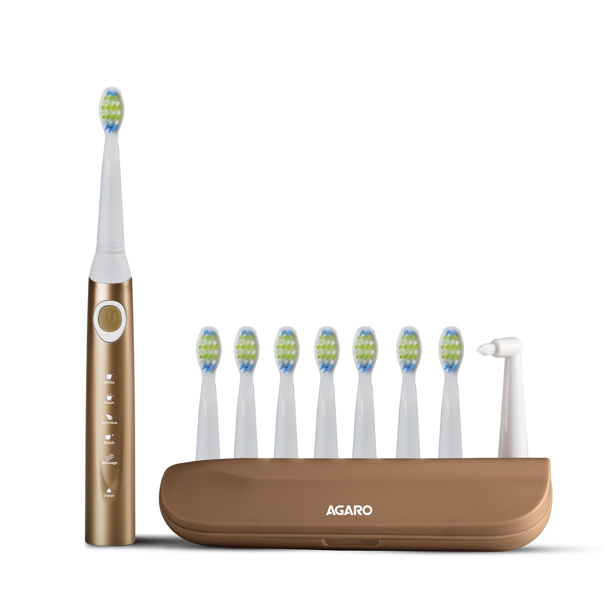 AGARO COSMIC MAX Sonic Electric tooth brush for adults with 5 modes, 7 brush heads, 1 Interdental head and rechargeable with 4 hours charge lasting up to 25 days (Champagne Gold)