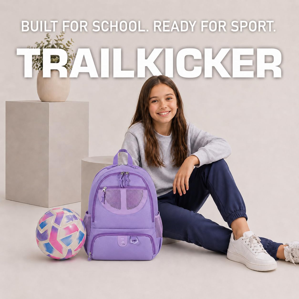 TRAILKICKER Mochila de baloncesto de 30 L, bolsa de fútbol morada con soporte para pelota, compartimento para zapatos, resistente al agua, transpirable, mochila multideportiva para voleibol, fútbol
