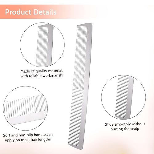 Miniatura 3 de Peine de metal de acero inoxidable con dientes finos para el cabello, antiestático, parte superior plana, peine de peluquero para peinar el cabello,