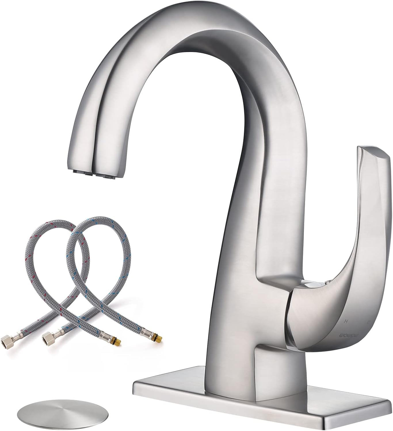 WOWOW Single Handle Bathroom Faucet 1 Hole High Arc Bathroom Basin Faucet Brushed Nickel with Pop-up Drain, Solid Brass Commercial Bathroom Sink Faucet Basin Vanity Bar Faucet (Patented Product)