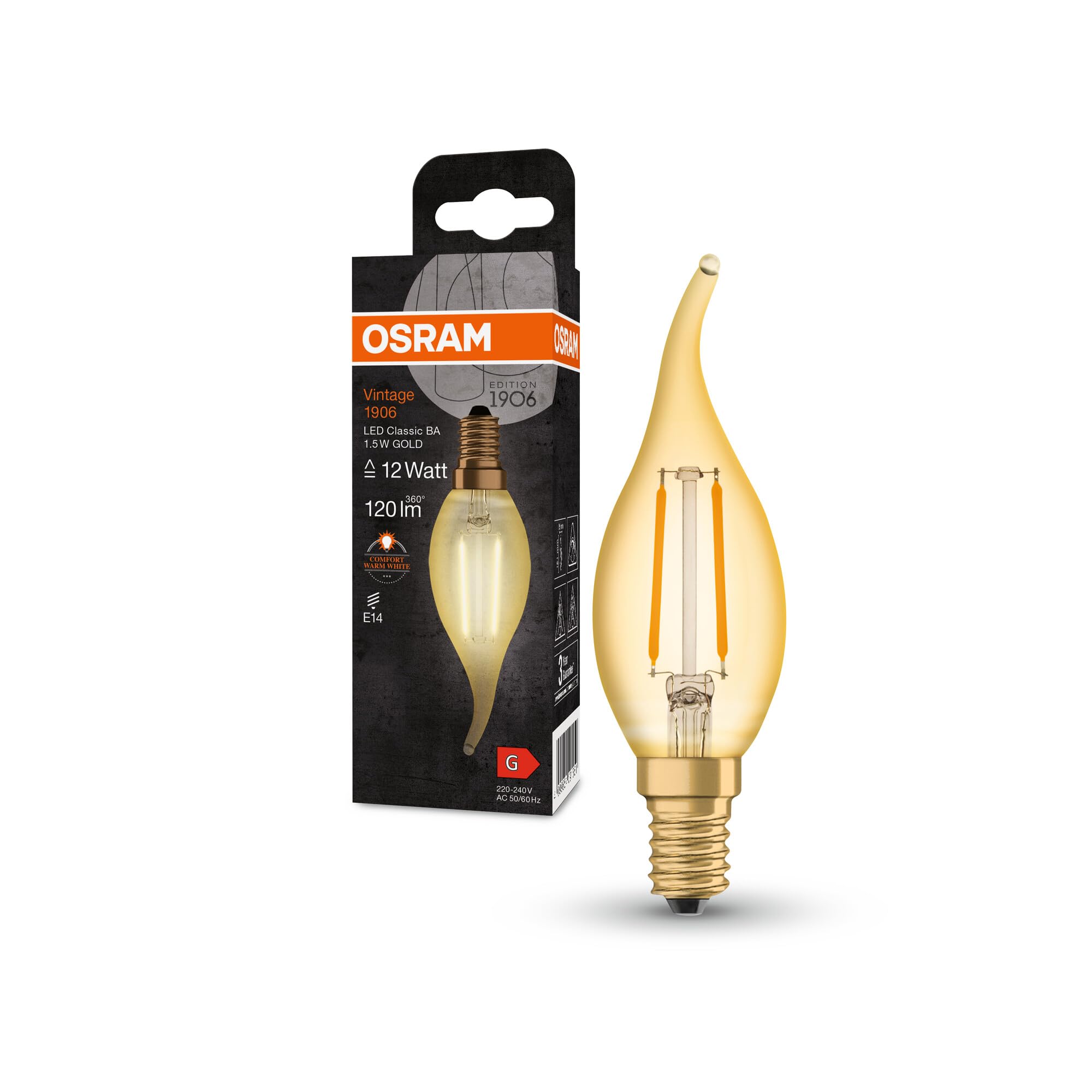 OSRAM Vintage 1906 Classic Ba Fil Led Lamp, E14, Bent-Tip Candle, Clear, 1.5W, 120Lm, 2400K, Warm White Comfort Light Color, Very Low Energy Consumption, Long Life