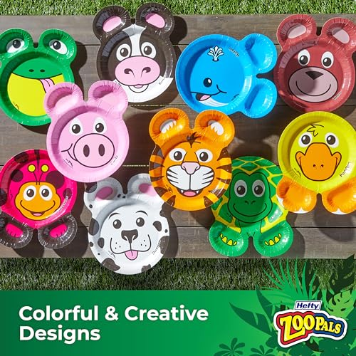 hefty zoo pals party edition paper plates for kids assorted animal designs 775 inches with two dipping compartments multi-color 20 count