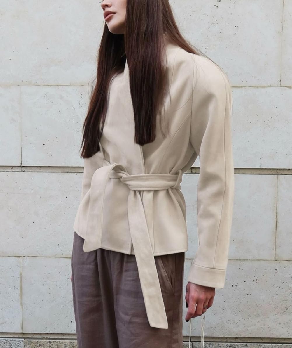 CHARTOU Women Faux Suede Leather Crop Jacket 2025 Casual Band Collar Wrap Outwear Coat with Belt