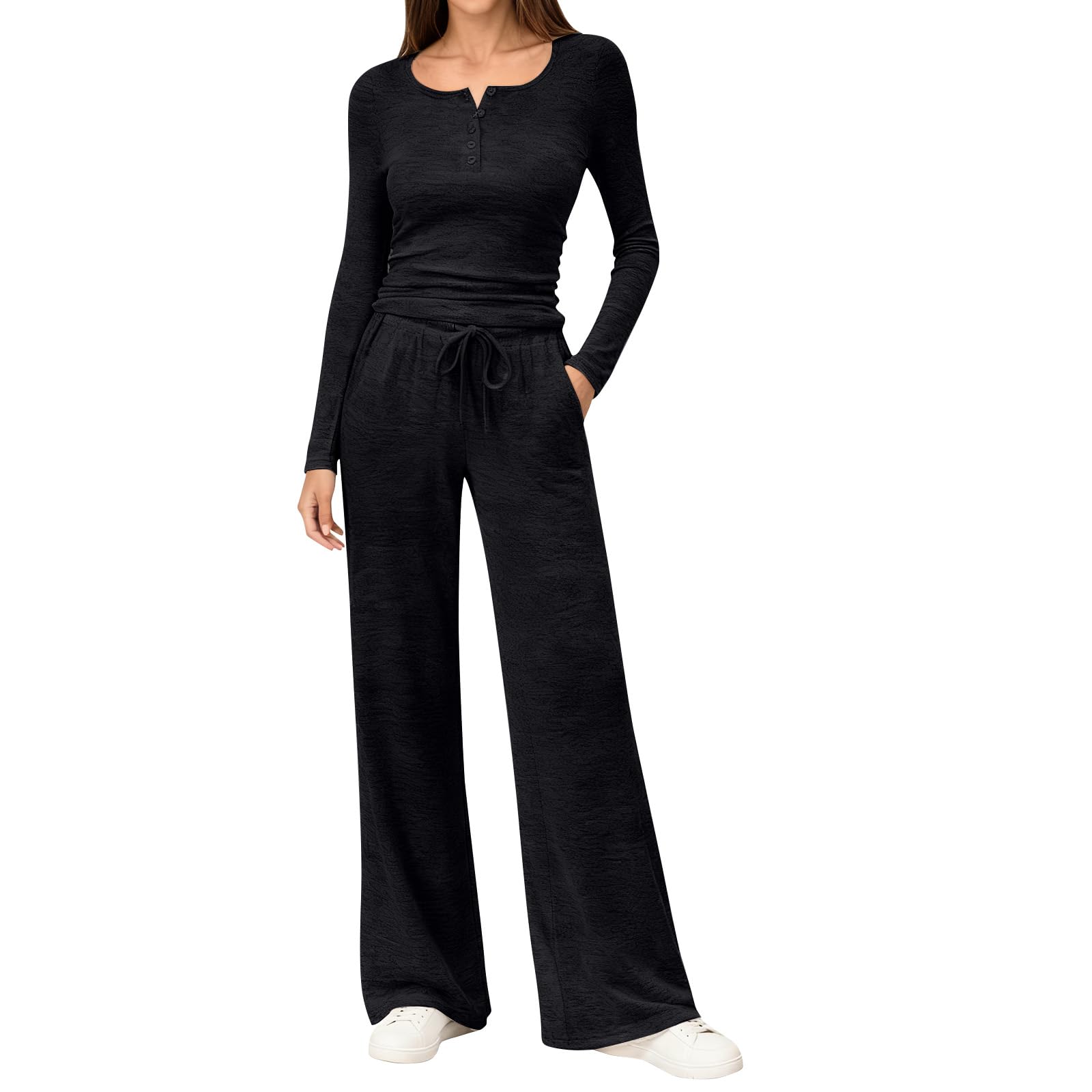 Top E Pantaloni Donna Impero Waist Autunno Manica Lunga di Base Sportivo Tinta Unita A Costole Senza Colletto