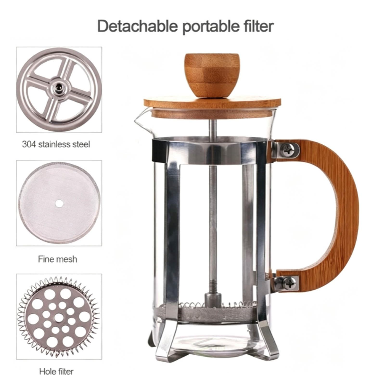 Cafetera émbolo Francesa con Tapa y asa bambú para Preparar Capuchino Moca | Cafetera émbolo, cafetera vidrio con tapa y asa de bambú, para hogar, oficina, viajes, individual(800ML)