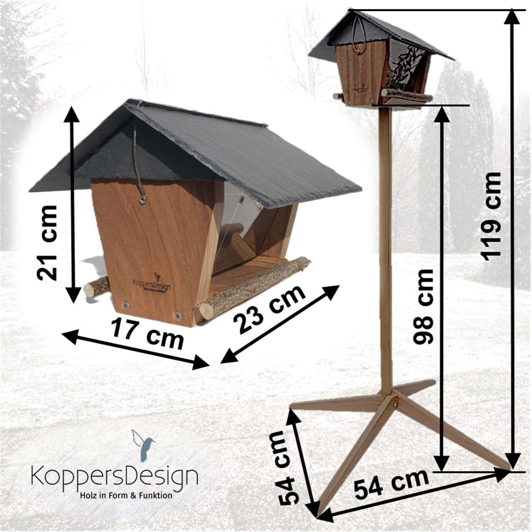 Bergisches Vogelhaus KoppersDesign, mit Ständer, Silo Vogelfutterhaus, wetterfest, FSC zertifiziertes Holz, Schieferdach, Vogelfutterstation, Terrasse oder Balkon, sehr standfest, Zwei Futterkammern