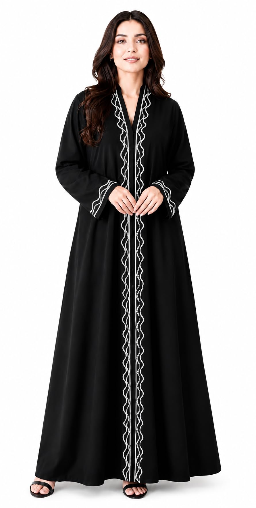 Women's Cotton Solid Embroidered Abaya Dress Full Length Modest Wear Black-picture-47