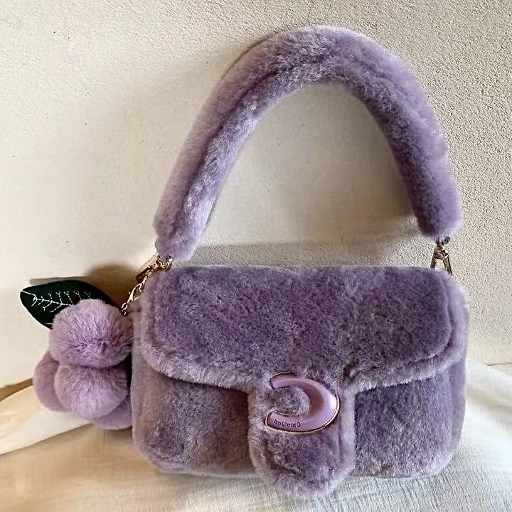 Plush Underarm Bag for Girls Purple Furry Purse Handbags for Women Faux Fur Y2K Fluffy Fuzzy Shoulder Bag for Autumn and Winter3