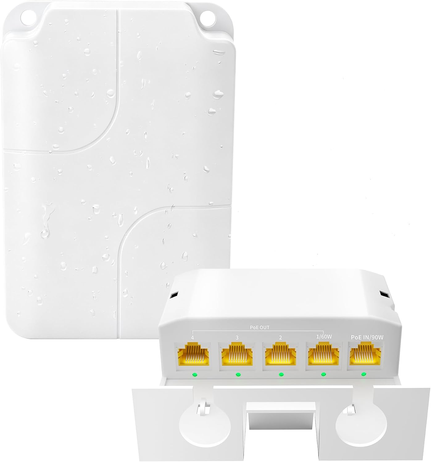 Gigabit PoE Extender, 5 Port Outdoor PoE Repeater, 100/1000Mbps, 1 in 4 Out, Waterproof, 90W in 60W Out, IEEE802.3af/at/bt Vlan Mode & Extend to 100m, Wall Mounting for Camera, AP