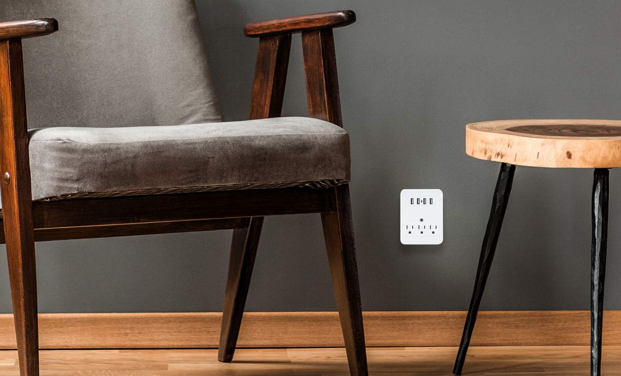 Surge Protection 3-Outlet Extender USB Wall Charger with 4 USB Charging Ports (4.8A Total), Phone Holder for Your Device, White, ETL Listed