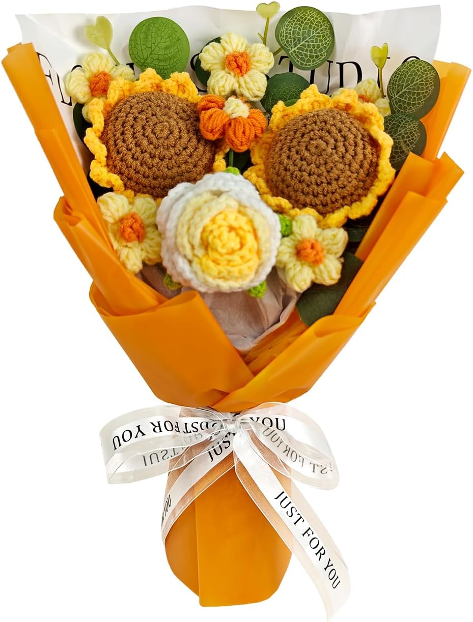 Crochet Flower Bouquet, Handmade Sunflower, Rose, and Daisy Combination, Perfect for Mother's Day, Wedding, Birthday,Anniversary, Home Decor, Ideal Gift for Women, Mom, Wife, and Friends (Orange)