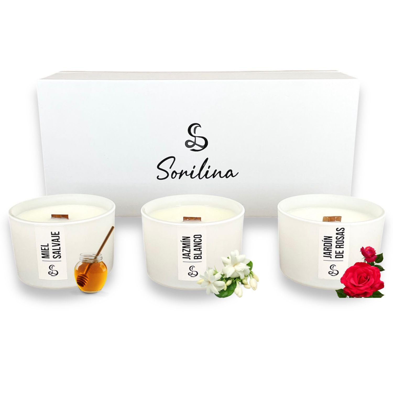 SORILINA Set de 3 Velas Aromáticas con Caja de Regalo - Cera de Soja, Mecha de Madera, Hechas a Mano en España (Jazmín, Rosas y Miel)