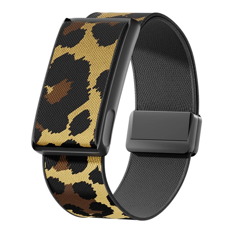 VeveXiao Stretchy Nylon Loop Strap Compatible With Amazfit Helio Strap, Breathable Sports Strap Sweat Absorption Band with Metal Frame Connector for Men Women-No Tracker (Yellow leopard)