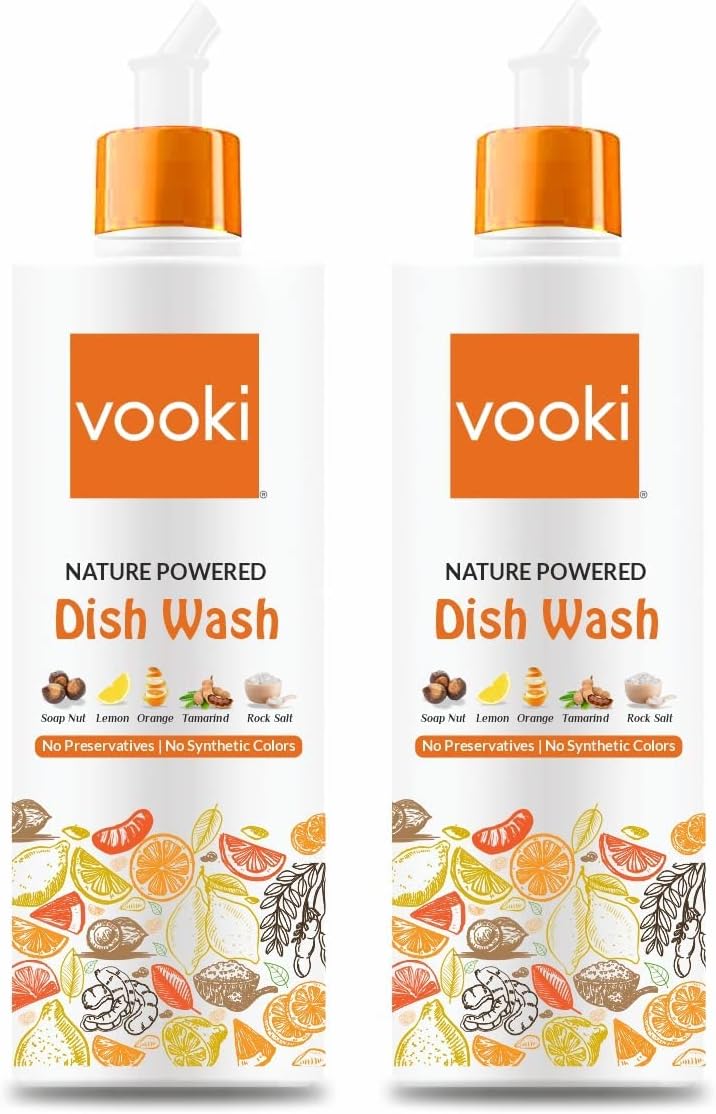 Vooki Nature Powered Natural Dishwash Liquid Gel, No Preservatives, No Synthetic Colors - 1 Ltr (500-Ml,Each,Pack of 2)