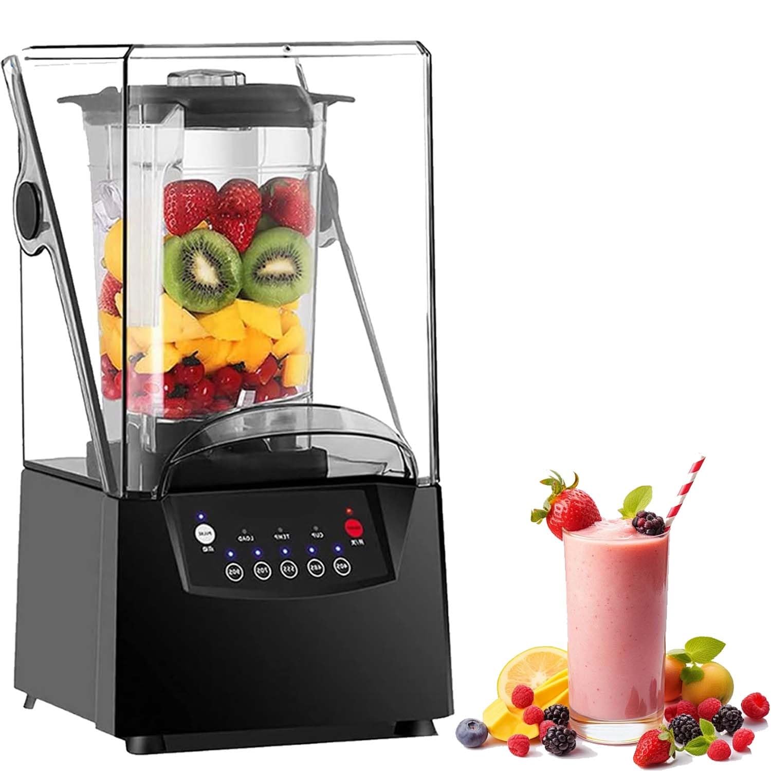Blender przemysłowy 2200W cichy, obudowa dźwiękoszczelna, 2L kielich odporny na uderzenia, 6 ostrzy stalowe, idealny do smoothie, koktajli, lodu i zup