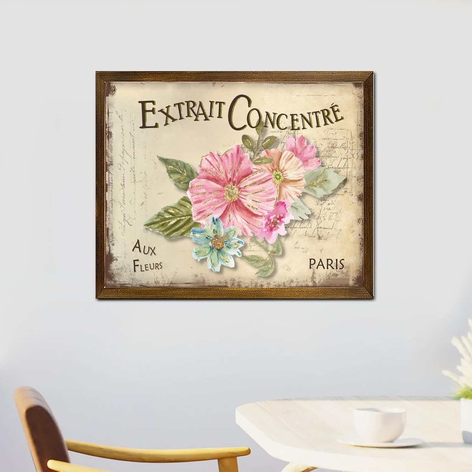 Extrait Concentré Aux Fleurs Wood Framed Signs Vintage French Orchid Flower Welcome Sign Rustic Hello Spring Flower Wooden Wall Art Decor for Front Door Entryway Porch Bar Pub Party 16x20 Inch