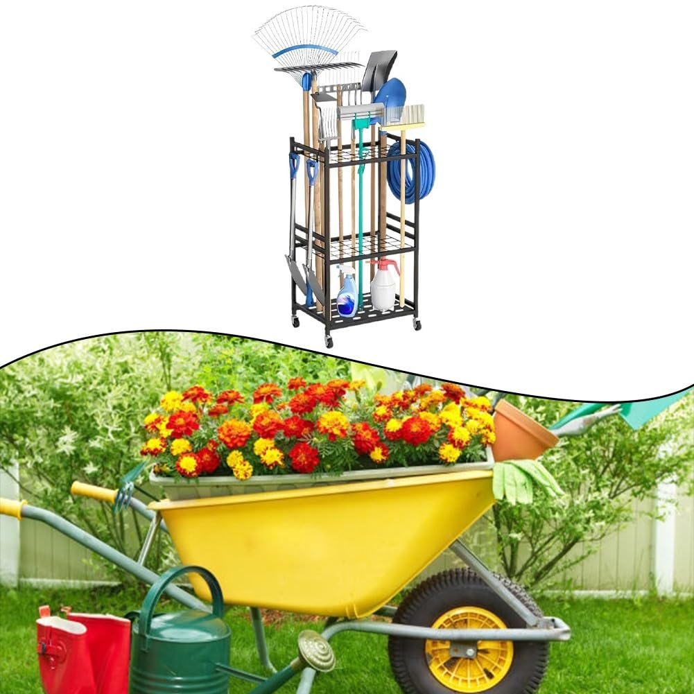 Garten-Aufbewahrungsregal, Metallständer, Garage und Schuppen, platzsparender Halter, Schaufeln, Rechen, Besen, schwarz