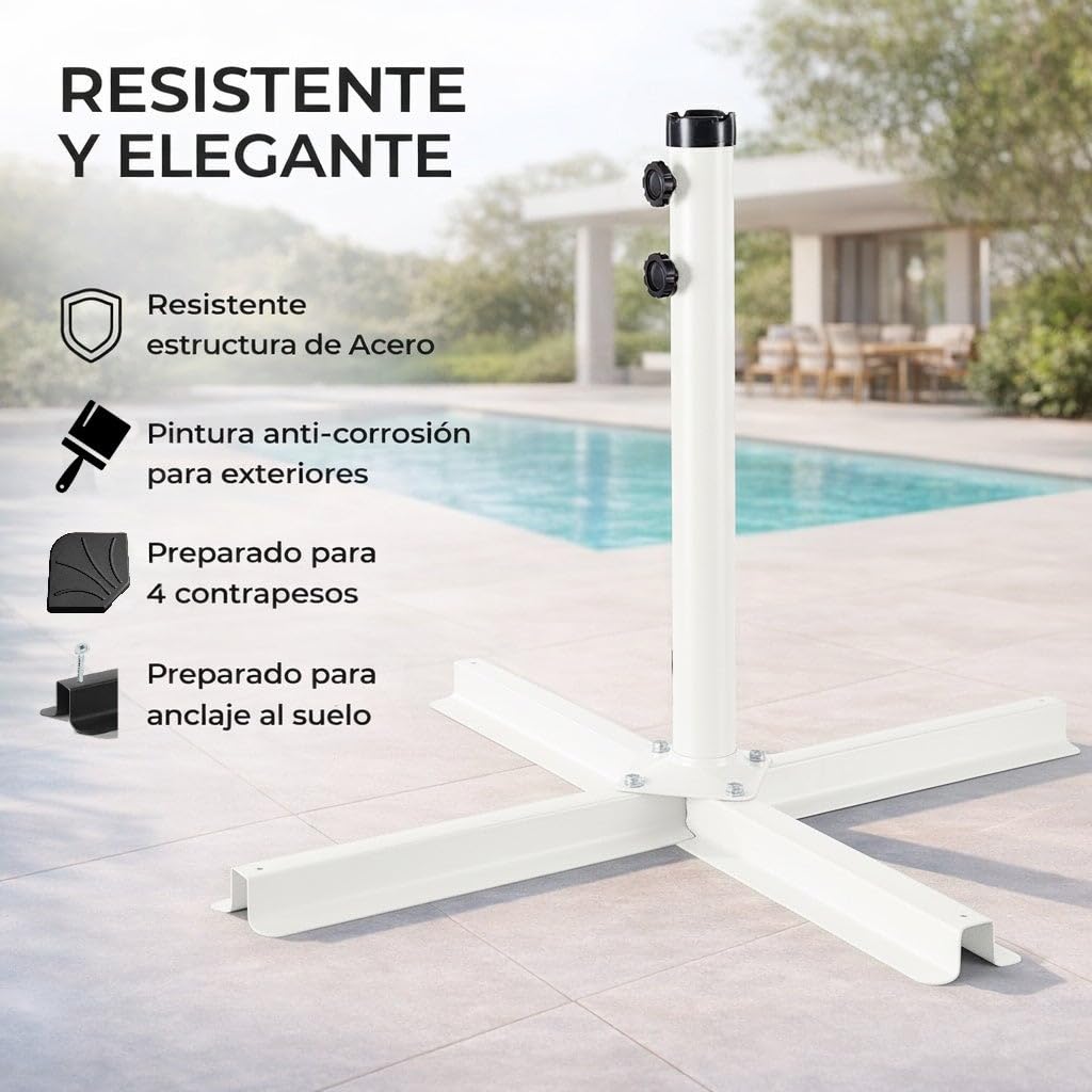 LOLAhome Base pie de Parasol | De 90x90x55cm con Tubo de Acero | para parasoles de Tubo máximo de Ø 48 mm | Pintura Resina epoxi Anticorrosión | para Exterior, jardín (Blanco)