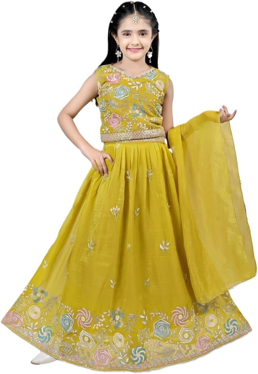 Traditional Indian Ethnic Girls Lehenga Choli Set, Georgette Fabric, Embrodiery Work