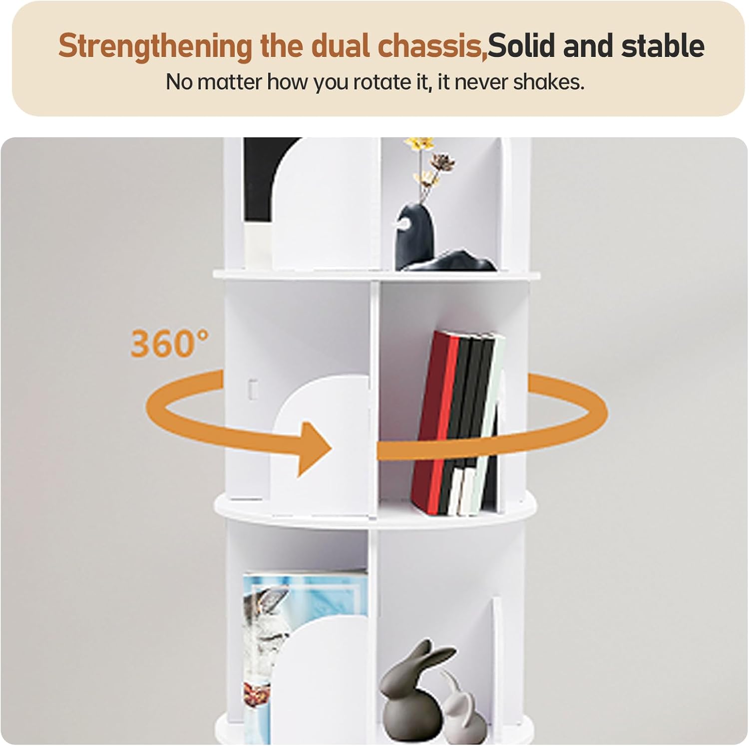 4-Tier Rotating Bookshelf Tower – 360° Spinning Bookcase Organizer, White Revolving Book Shelf with 16 Compartments, Freestanding Corner Bookshelf for Bedroom, Living Room, Office, 132 lbs Capacity