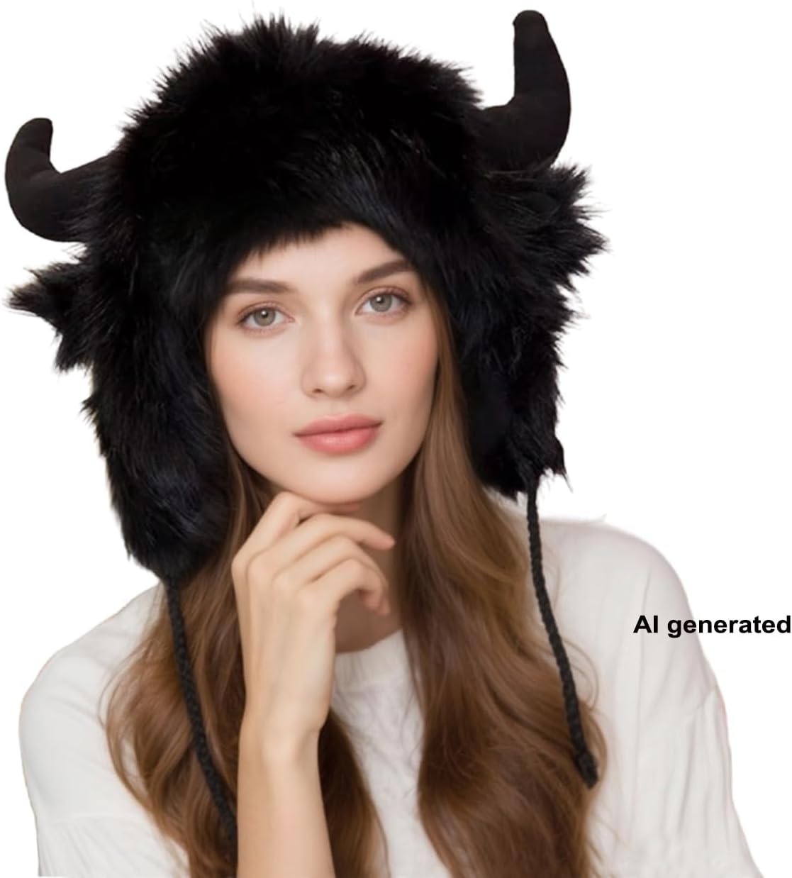 Winter Plush Hat with Horns Faux Fur Animal Trapper Hat Ox Ears Beanie for Halloween Xmas Carnival Cosplay