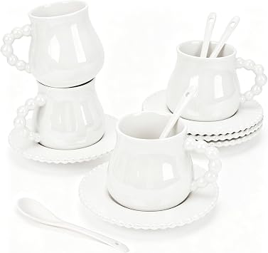 Cappuccino Cups Set of 4, 8 oz Ceramic Coffee Cup and Saucer Set with Spoons, Espresso Coffee Cup Mugs for Latte, Mocha, Tea, Au Lait, Flat White, Dishwasher & Microwave Safe