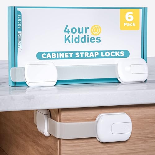 4our Kiddies Child Safety Cabinet Locks for Babies (6 Pack), Child Proof Latches for Cabinets and Drawers Doors, Baby Proofing Cabinet Strap Locks for Cupboard and Closet with 6 Pcs Extra 3M Adhesives