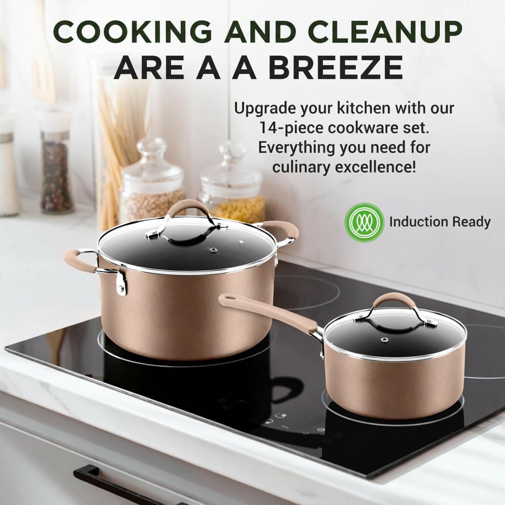 NutriChef 14-Piece Non Stick Kitchen Cookware Set w/Saucepan, Frying Pans, Cooking Pots, Dutch Oven Pot, Lids, Utensil, Gold