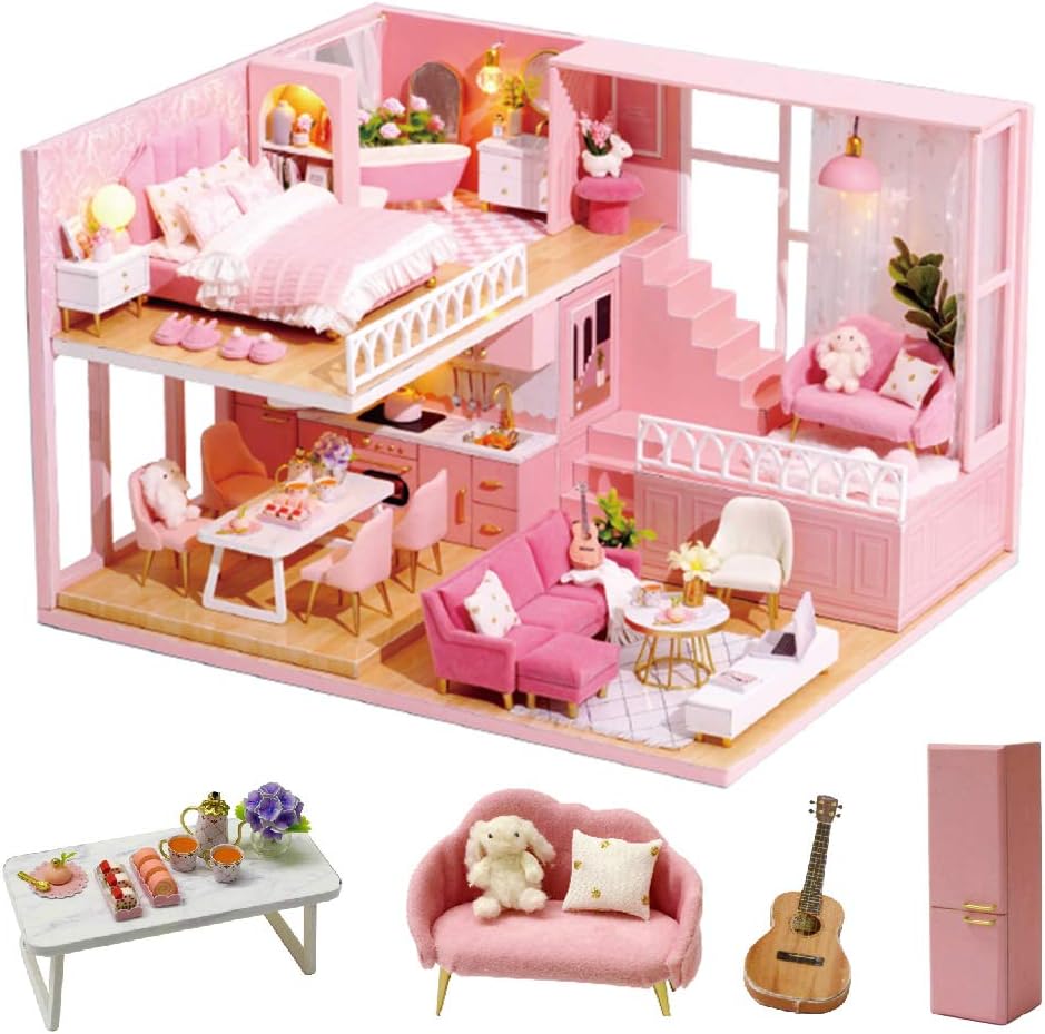 Spilay DIY Miniature Dollhouse Wooden Furniture Kit,Handmade Mini Modern Apartment Model with Dust Cover & Music Box ,1:24 Scale Creative Doll Home Toy Best Gift for Friend Women Children