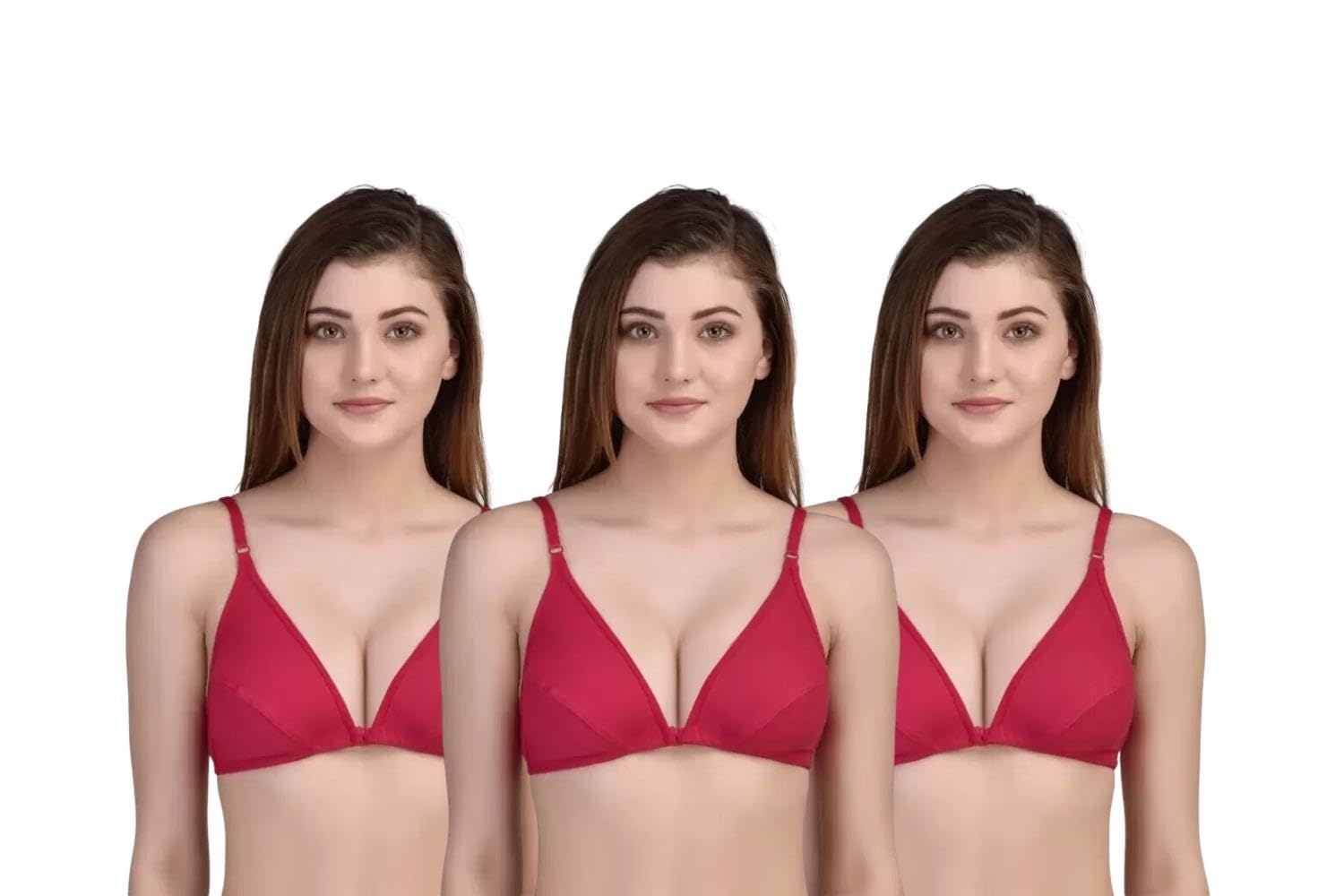 Wens Creation Women Solid Non-Padded | Front Open | Half Coverage Polyester Everyday Bra with Adjustable Strap - Pack of 3