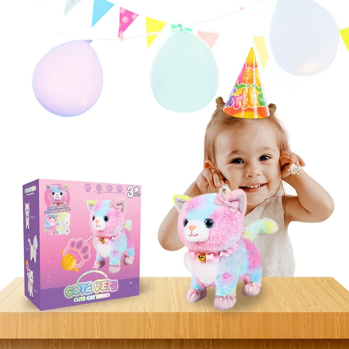 Interactive Electronic Plush Toy Cat with Remote Control Leash,Realistic Interactive Pet Cat,Walking,Barking & Wagging Tail,Includes Cat Accessories (Colorful)