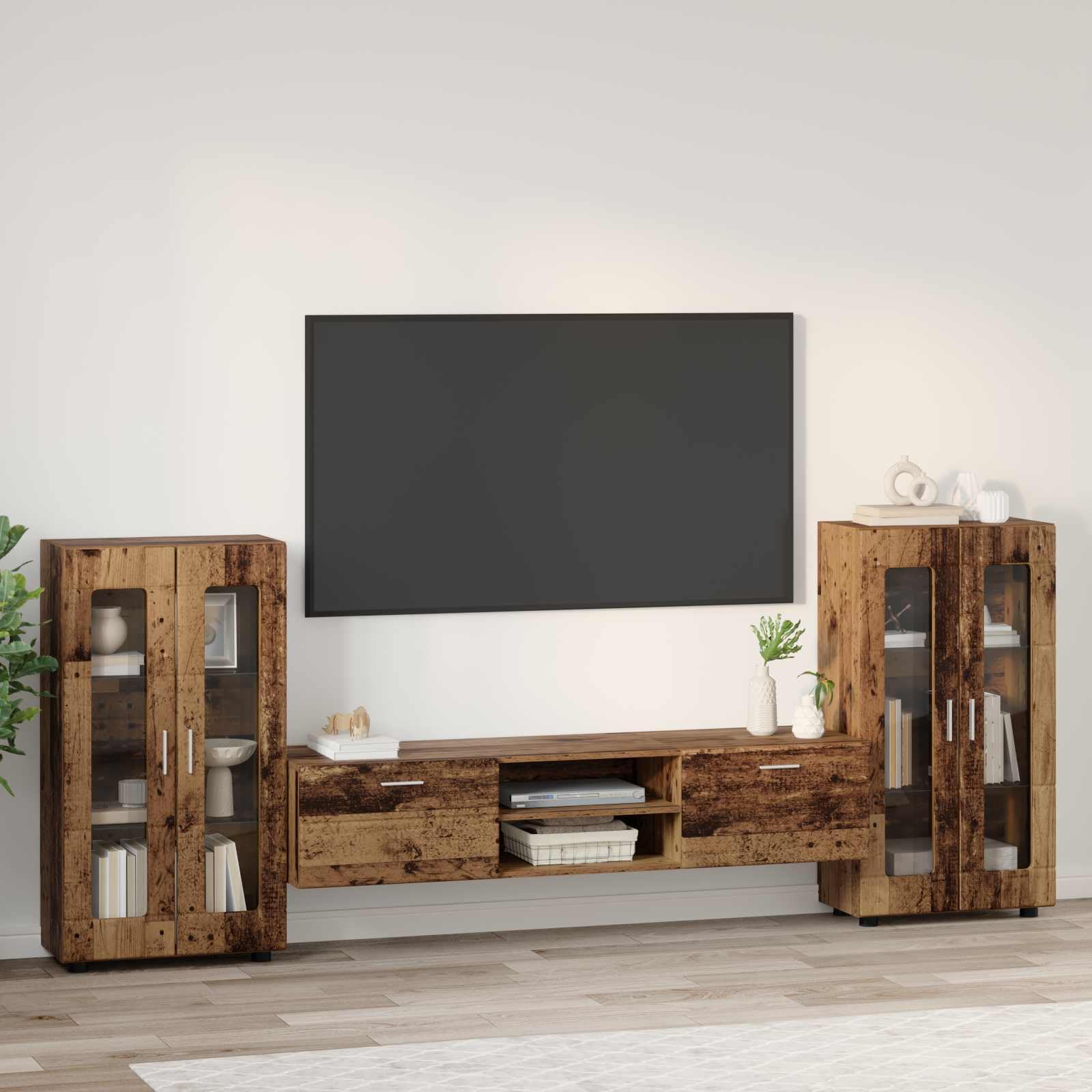 Florin, set di mobili per TV, 3 pezzi, in legno anticato, con ampio spazio di archiviazione, credenza e mobile basso per soggiorno, set di mobili moderni e portaoggetti funzionali