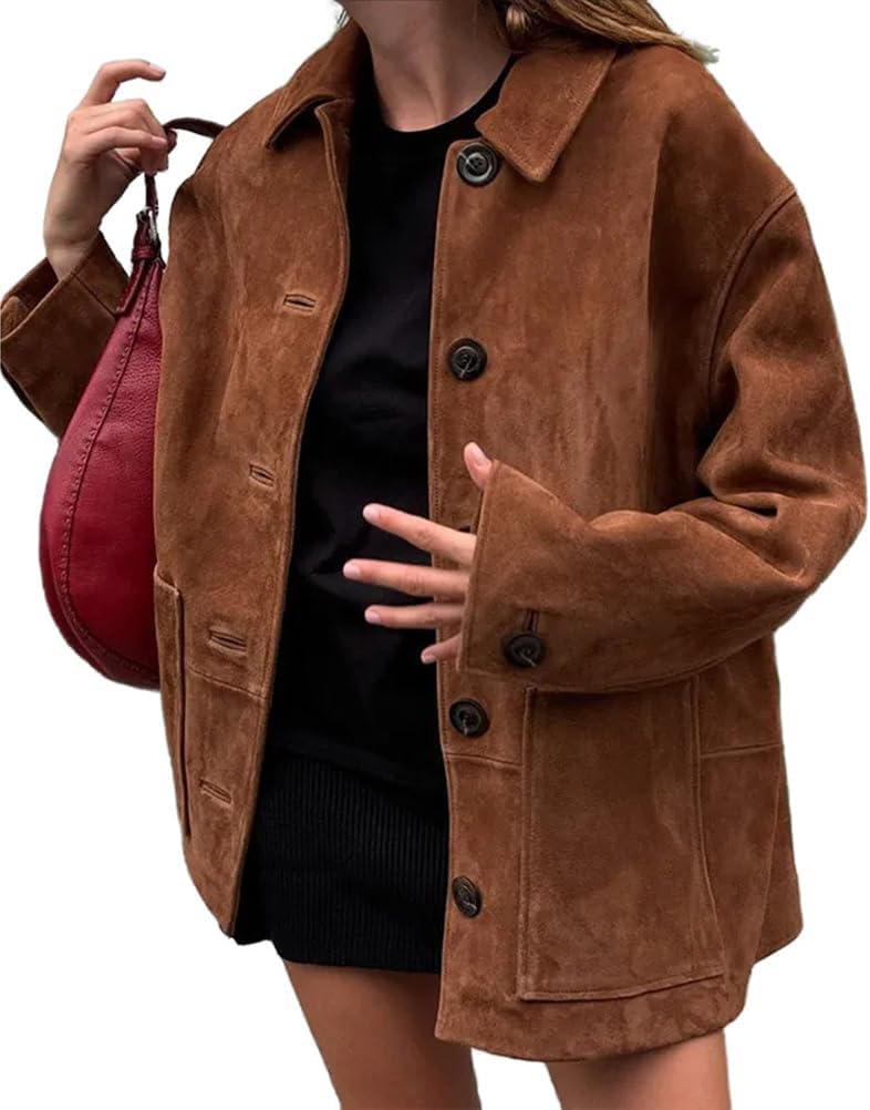 Kinghua Womens Oversized Suede Jacket Fall Outfits Fashion Faux Leather Jacket Winter Coats Shackets