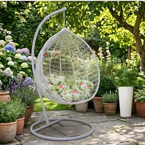 ABX HOME Hanging Egg Indoor Outdoor Patio Wicker Rattan Swing Chair with UV Resistant Random Washable Cushions & Iron Frame for Garden Living Room & Backyard (White)