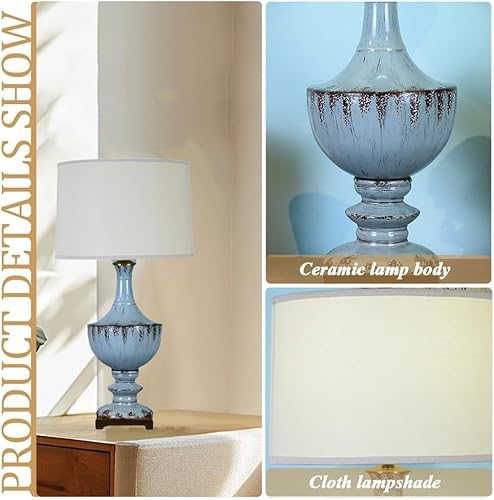 BRRSKBK Blue Glass Coastal Table Lamp 28" Tall Vintage Ceramic Table Lamp Modern Nightstand Lamp Retro Farmhouse Night Desk Light with Drum Shade for Bedroom Living Room End Table Office Decor - Image 6