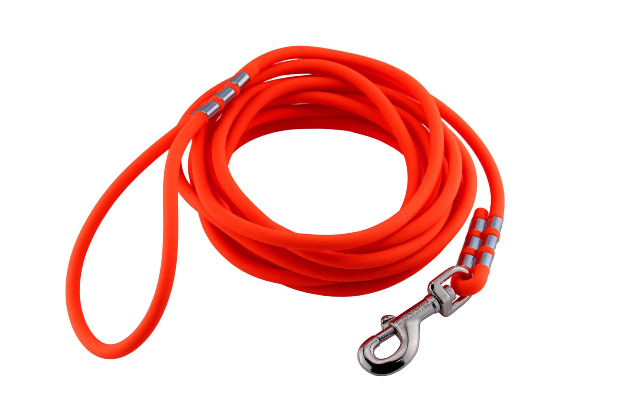 LENNIE Línea de adiestramiento Easycare® 8 mm Redondo, 15 Metros, Naranja neón, con Lazo de Mano (Impermeable y fácil de Limpiar)