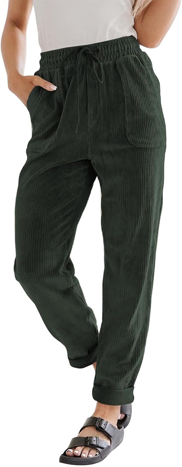 Corduroy Pants for Women Casual Drawstring Elastic High Waisted Straight Leg Pants Loose Comfy Trousers with Pockets