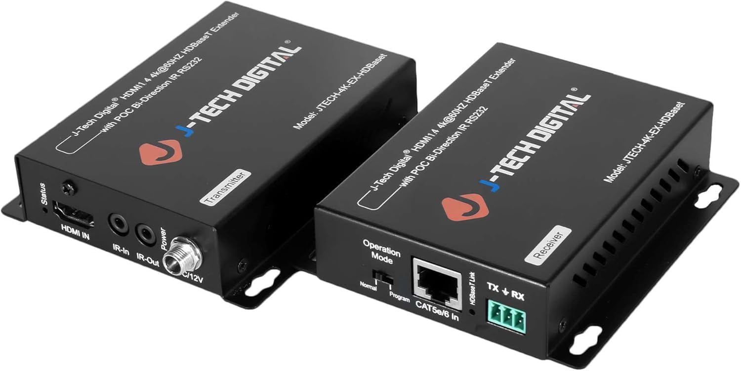 J-Tech Digital 4K HDBaseT HDMI Extender Over Cat5e/6 Ethernet up to 230ft (1080P) 130ft (4K), Supports HDCP 2.2/1.4, RS232, Bi-Directional IR and PoC
