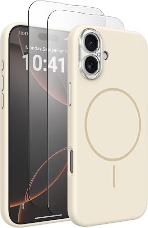 Magnetic Silicone Case for iPhone 16 Case with 2 Screen Protector, Upgraded Hard Acrylic Camera Protector Soft Slim Stylish Cute Phone Cover Compatible with MagSafe, Beige