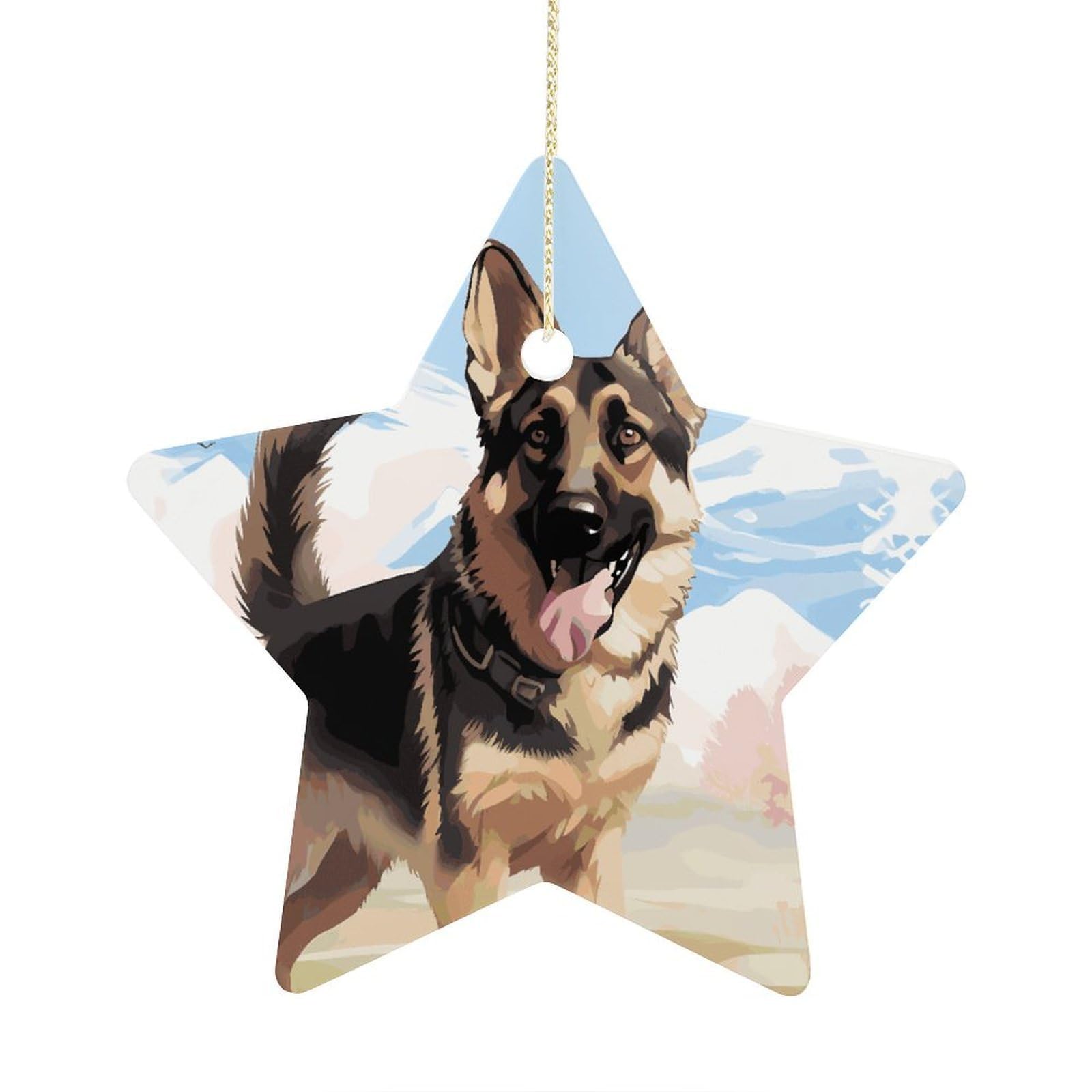German Shepherd Dog Lovers Stars Ornaments Ceramic Christmas Tree Hanging Light in Weight Christmas Star Pendants Funny Double-Sided Printed Xmas Ornaments for Gifts
