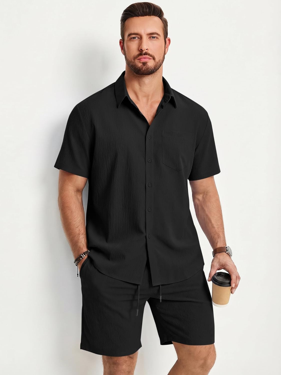 JMIERR Mens 2 Piece Short Sets Short Sleeve Shirts and Shorts Summer Beach Vacation Texture Outfits