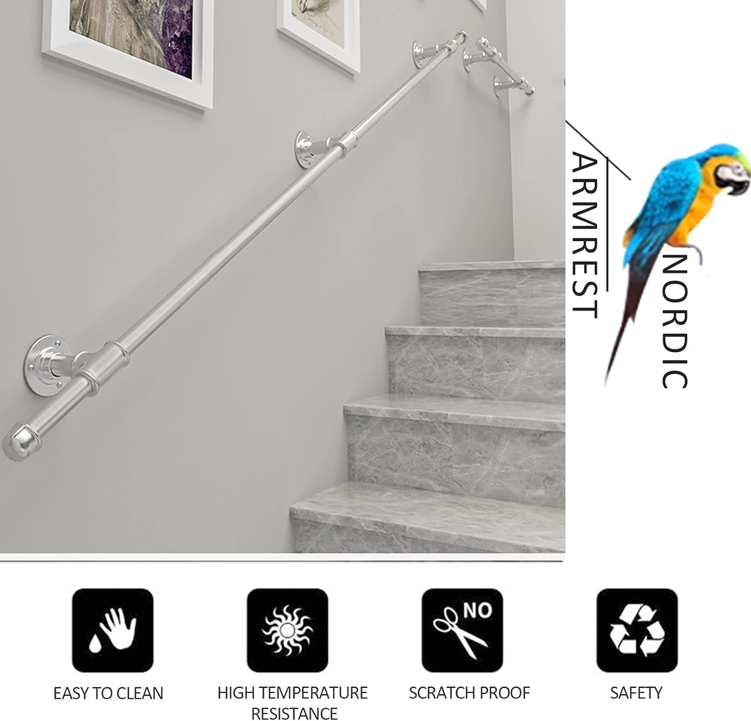 階段用ウォールマウントils3m/3.6m/4m/5.2m シルバー階段手すり 高齢者用 屋内/屋外用 安全グラブバー 滑り止め機能