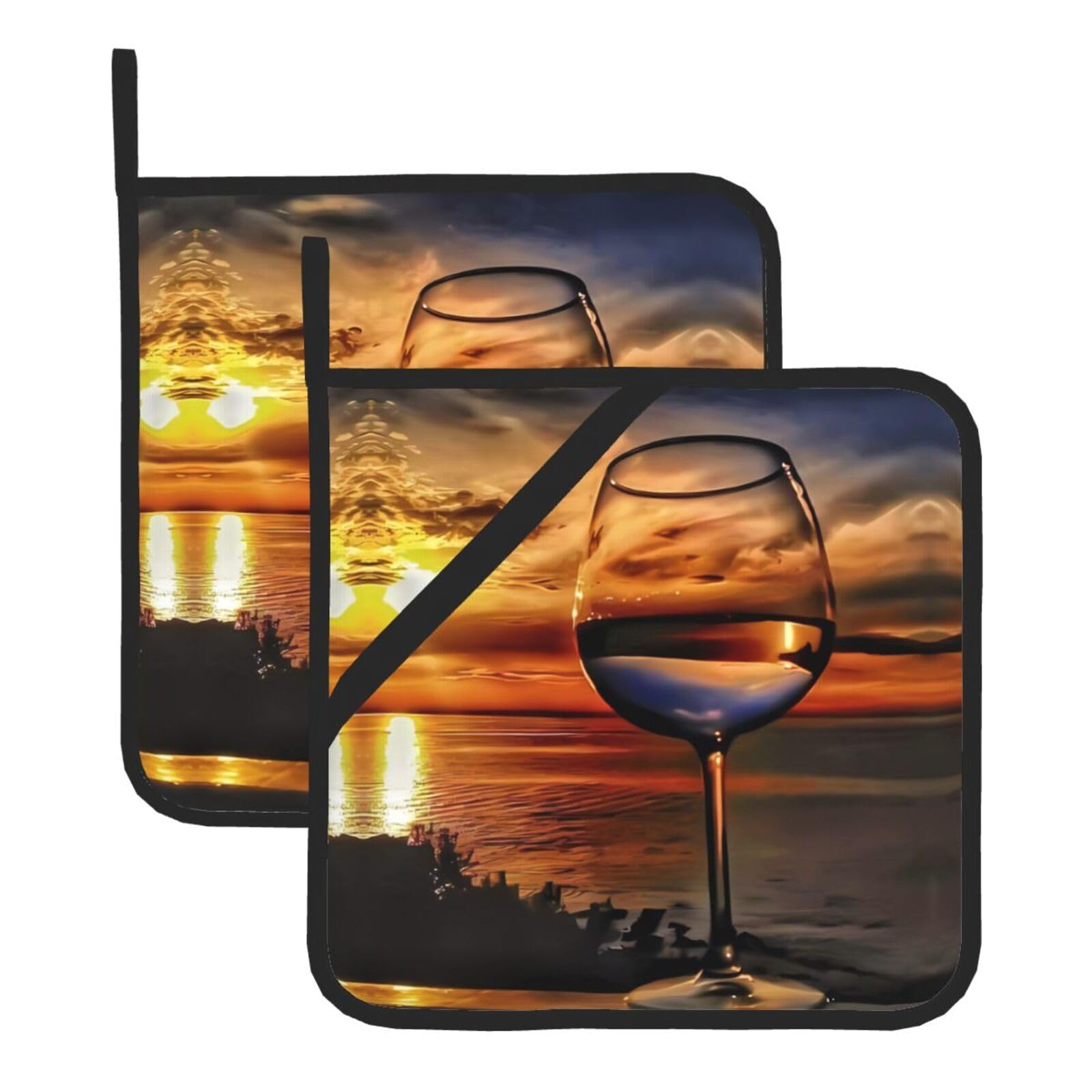 HJFCZH Sunset Wine Glass Prints Square Hot Pads for Kitchen Counter - Waterproof Pot Holders, Durable Heat Resistant Throw Layers for Serving, Oven & BBQ - 2 Pack