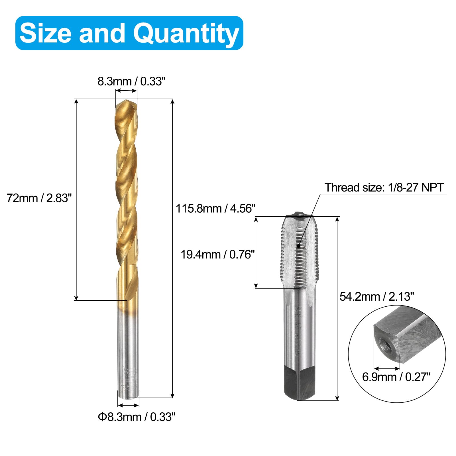 Set di maschi e punte da trapano, 1 maschio per filettatura a scanalatura dritta da 1/8-27 NPT e 1 punta elicoidale da 8,3 mm, kit di utensili per filettatura HSS-6542 non rivestiti/rivestiti in ti