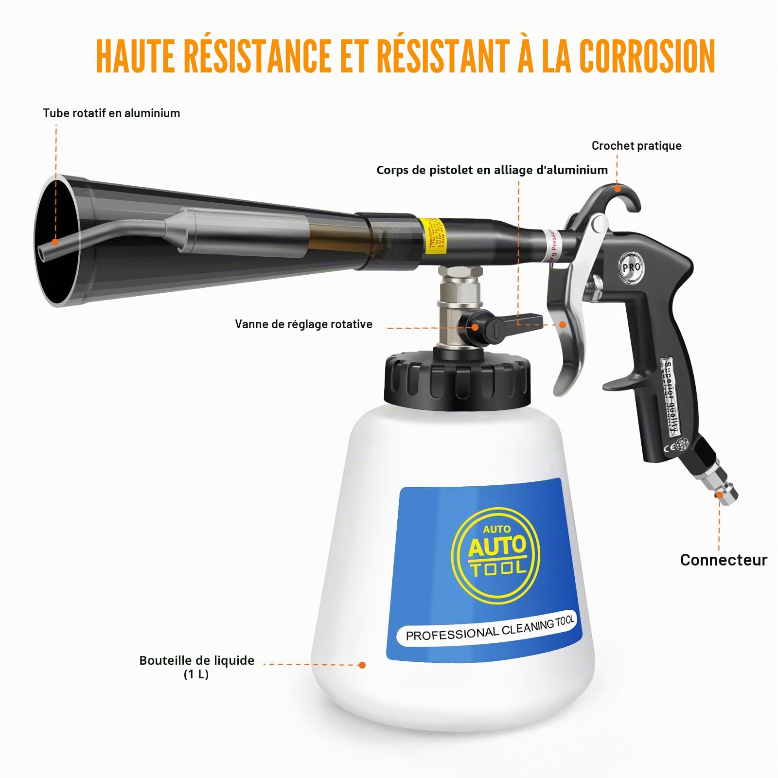 Pistolet de nettoyage à air comprimé - Tuyau de vidange en métal - Pistolet à air comprimé efficace avec réservoir d'eau de 1 litre et 2 buses - Pour voitures, ateliers et ménages - Nettoyage