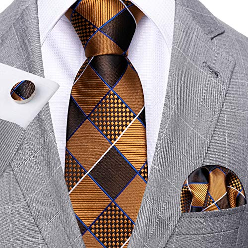 Image of Barry.Wang Plaid Ties Check Mens Necktie Set with Handkerchief Cufflinks Classic Stripe