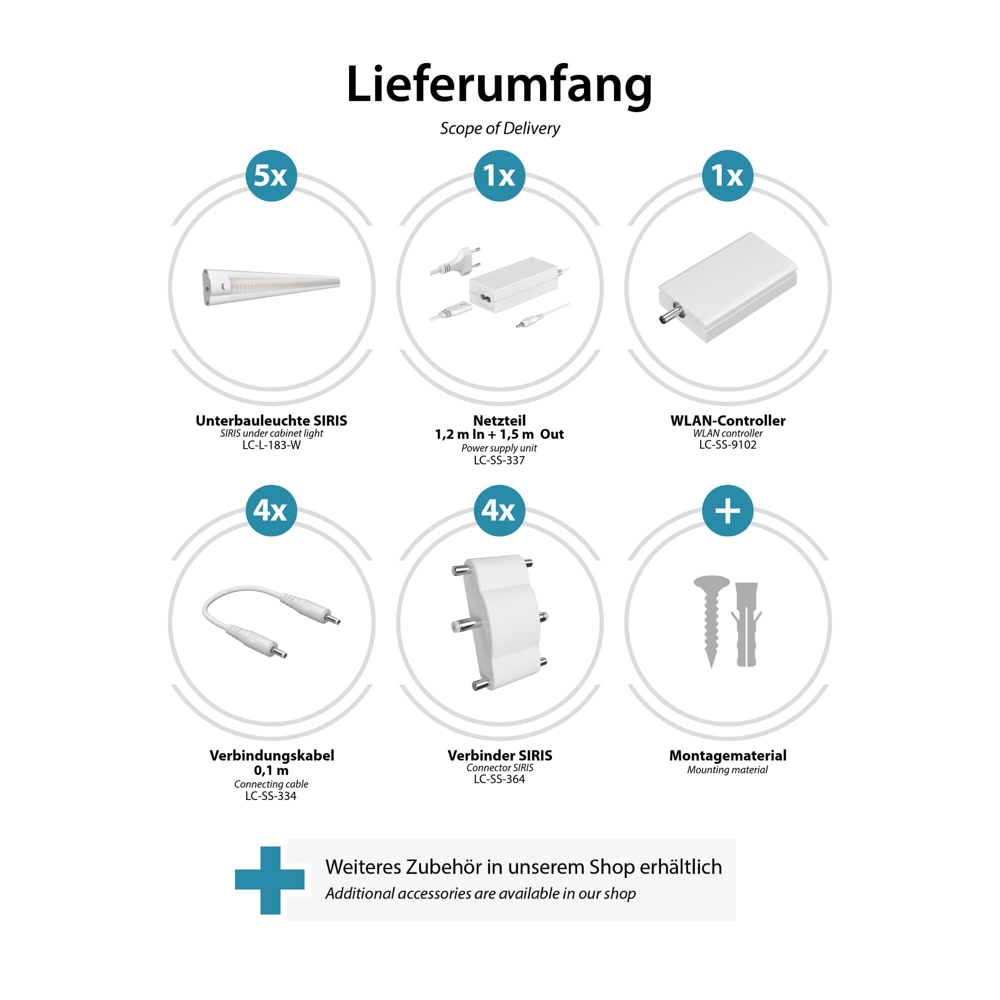 ledscom.de Smarte LED Unterbau-Leuchte SIRIS weiß matt, WLAN-Controller, flach, Smart-Home, Alexa-fähig, je 50cm, je 655lm, weiß, 5er Set
