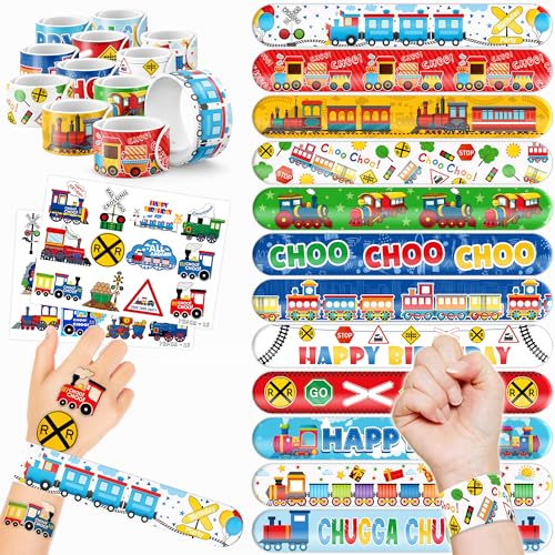 48PCS Train Party Favors - 24PCS Tattoos & 24PCS Slap Bracelets - Train-Themed Birthday Supplies, Decorations, Classroom Prizes, Carnival Rewards, Gifts for Boys & Girls